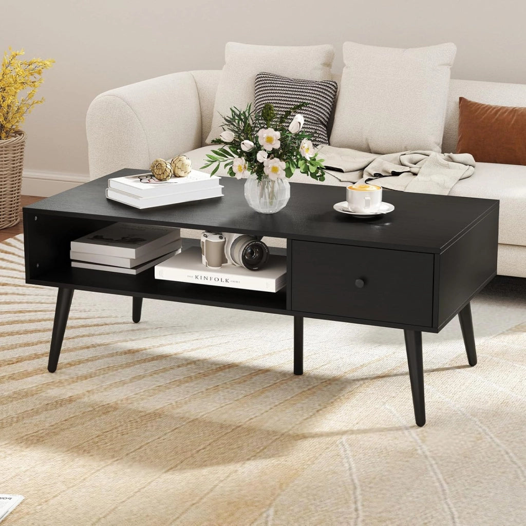 Tavolino da salotto in stile industriale, stile vintage, tavolino da caffè con 1 cassetto e 1 spazio aperto, per TV, con 4 gambe di pino, 109 x 55 x 44,5 cm (antracite)