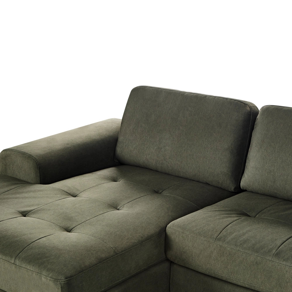 Divano angolare moderno a L con gambe in metallo e velluto verde scuro lato destro soggiorno minimalista