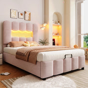 Letto imbottito 90x200 cm con contenitore idraulico; LED e testiera regolabile in velluto rosa