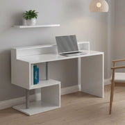 Scrivania Kobenhavn, Scrittoio lineare con ripiani portaoggetti, Scrivania ufficio multiuso con sopralzo, 140x60h93 cm, Bianco
