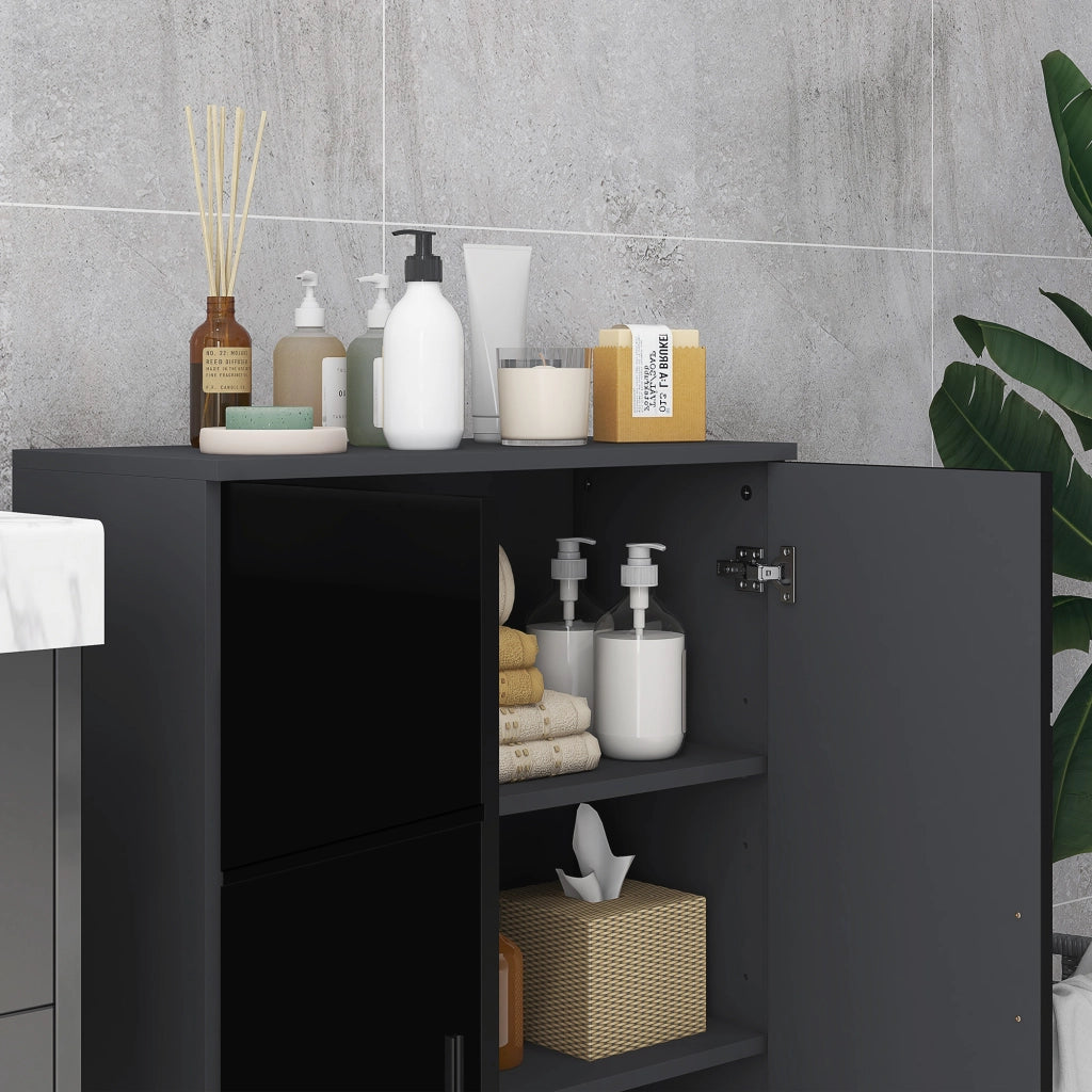 Mobiletto Bagno 2 Ante con Ripiani ¨C zephmum ¨C Legno Multistrato, Nero Lucido, 60x30x82 cm