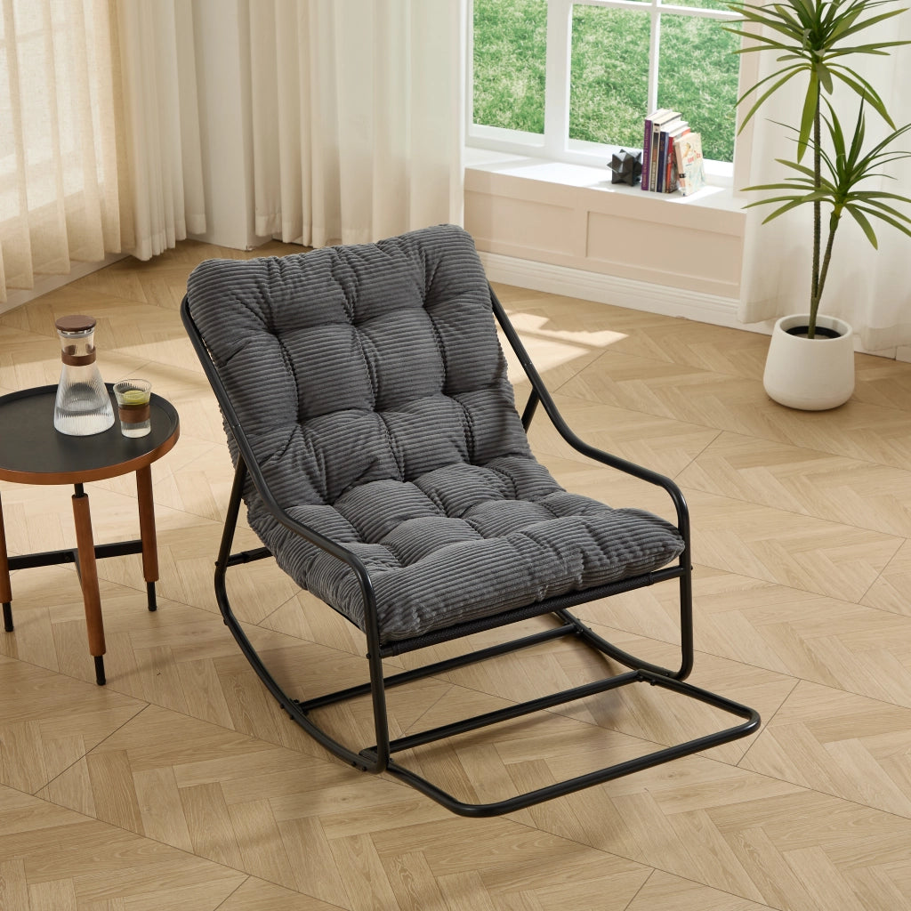 Poltrona da Giardino con Poggiapiedi a Dondolo Regolabile con Cuscino Spesso; senza Braccioli; Acciaio Grigio 75 × 116 × 82 cm