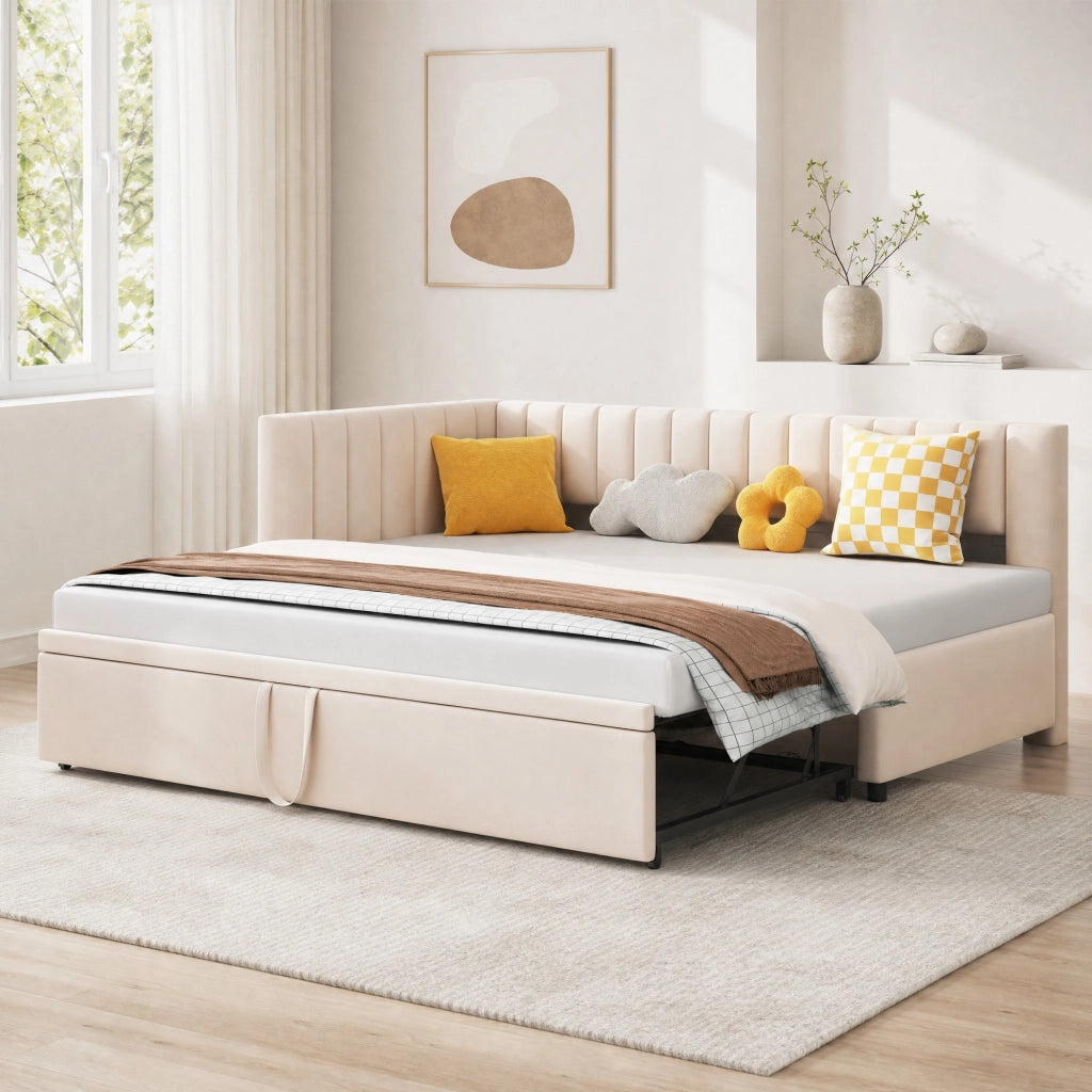 Divano letto angolare multifunzionale 90x200 cm con letto estraibile; in velluto beige