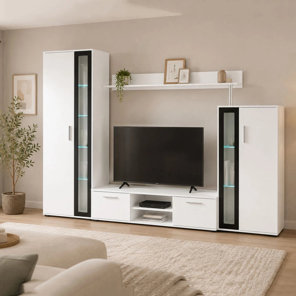 Mobile Soggiorno Linahasi, Parete Attrezzata Modulabile, Bianco