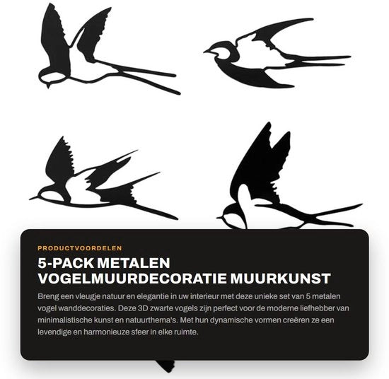Decorazione per parete metallica 5 pezzi - Sticker per finestra 3D - Uccelli neri - Tema natura - Materiale acrilico