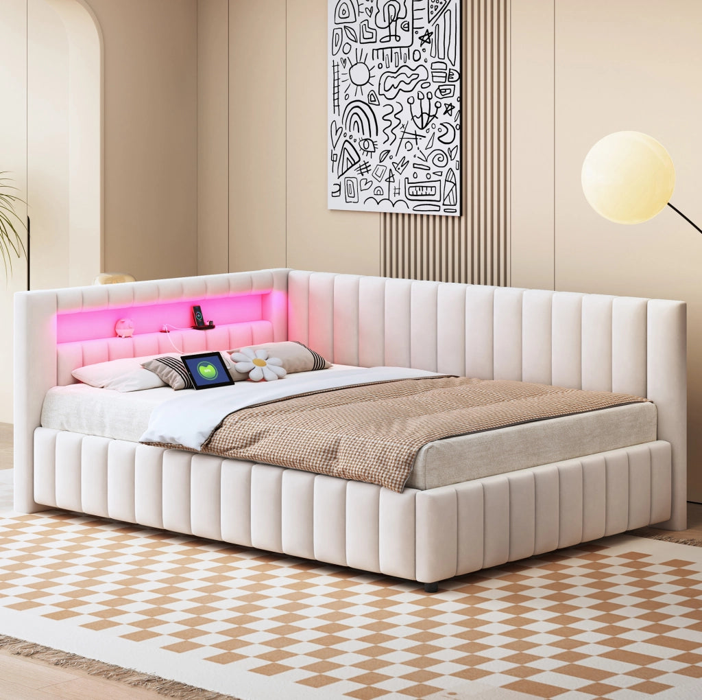 Letto imbottito 140x200 con LED e USB in velluto beige
