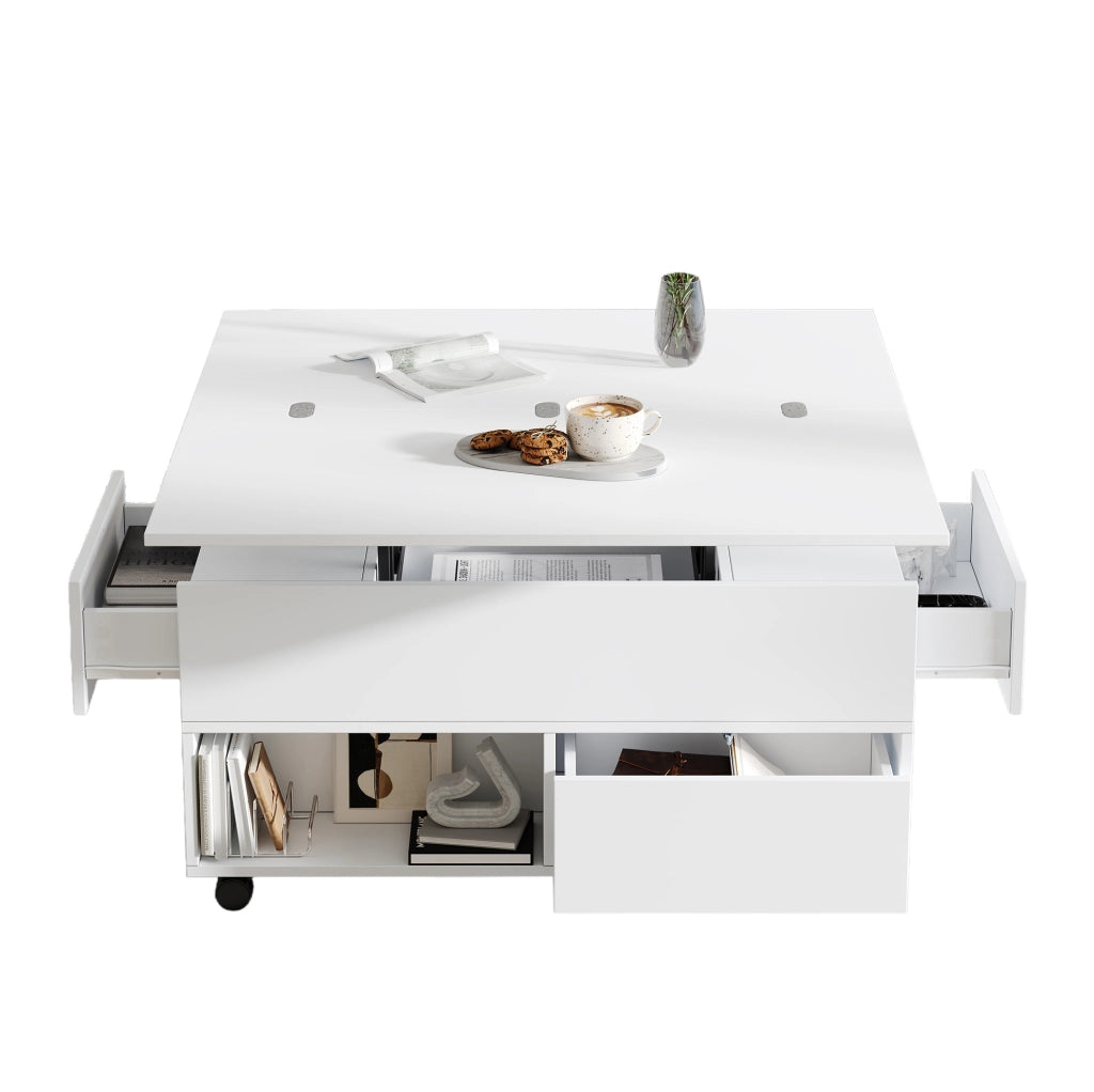 Tavolino da caffè 100x50x52 cm regolabile in altezza con 4 cassetti in truciolare bianco
