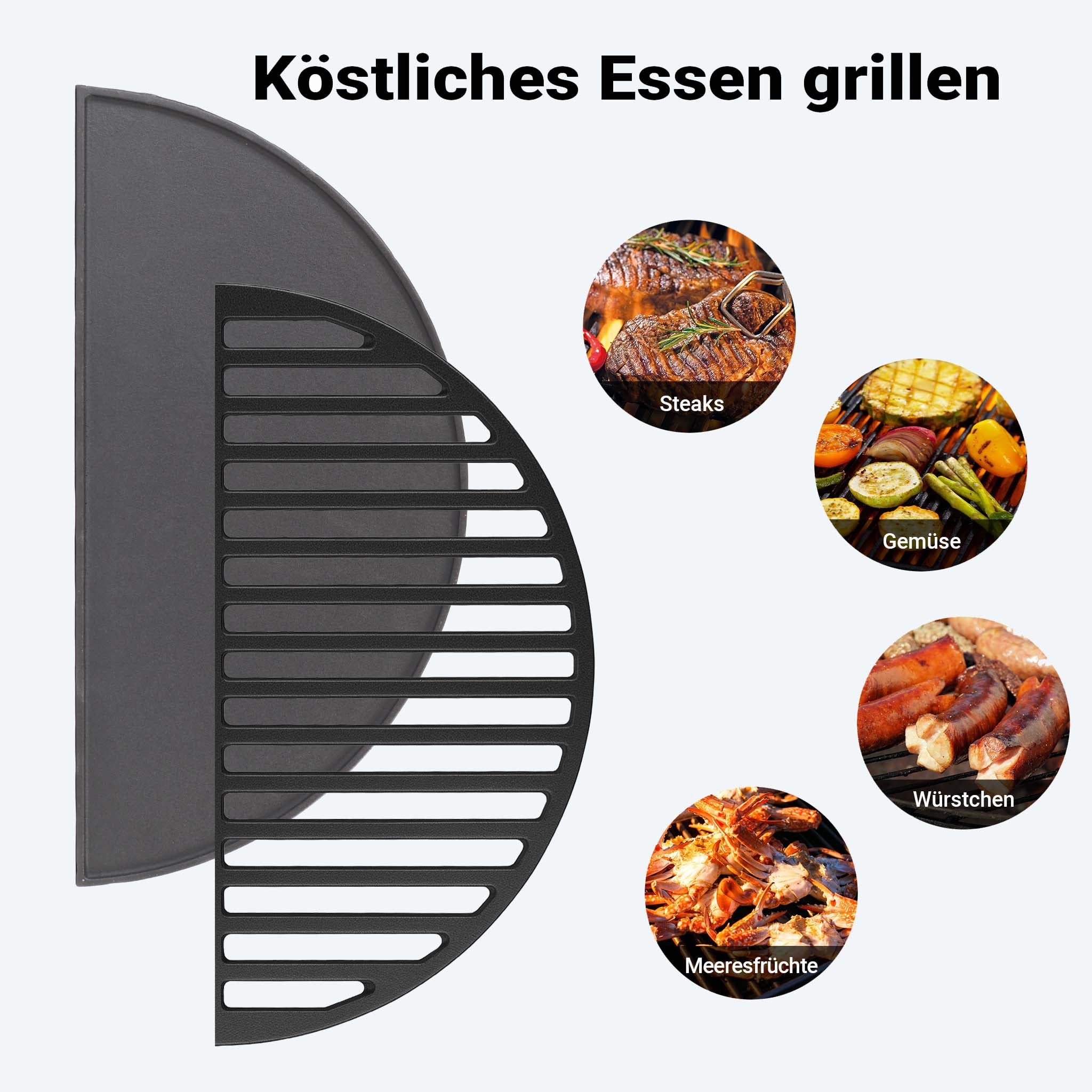 Set 1x Piastra in ghisa rigata + 1x Griglia in ghisa, forma a mezza luna, 46,7 x 22,8 cm, per barbecue, bistecchiera, ideale per grigliare carne, pesce, verdure