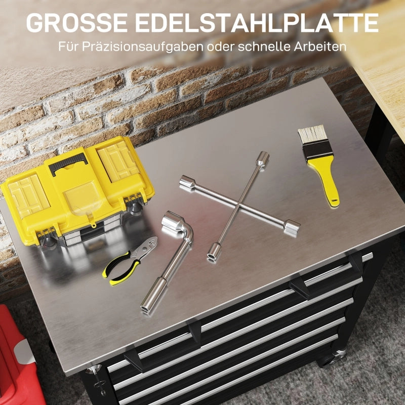 Mobile contenitore con 5 cassetti e piano in acciaio inox rinforzato con serratura centralizzata su ruote per officina e garage nero