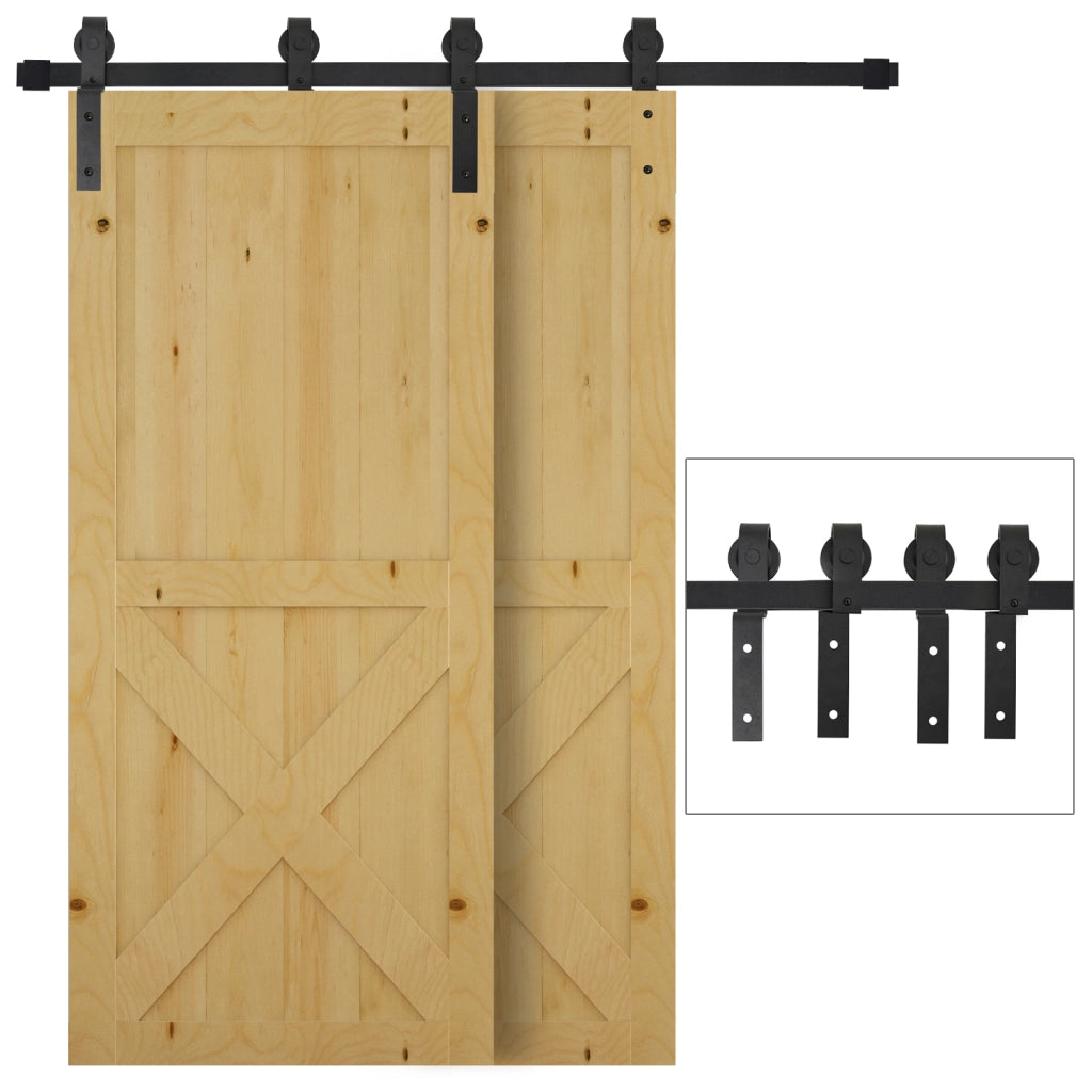 Sistema di scorrimento per porta in legno, binario per 2 ante, acciaio nero, portata 90 kg
