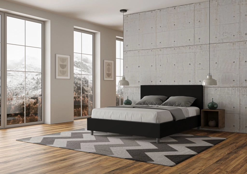 Letto Matrimoniale 160x200 cm con Rete e Contenitore Giroletto con Alzata Comoda Imbottito in Similpelle Adele Nero