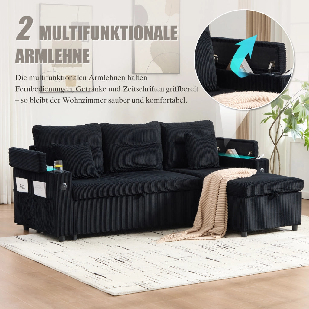 Divano 3 posti in tessuto corduroy nero con chaise longue idraulica; letto estraibile e USB-C