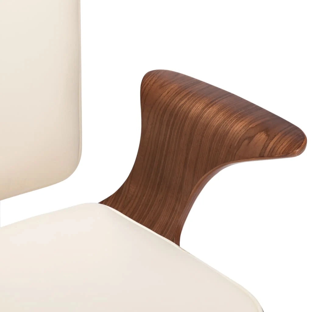Sedia girevole da ufficio/studio color crema in similpelle e legno curvato adatta all'uso con il computer. 02_0024097