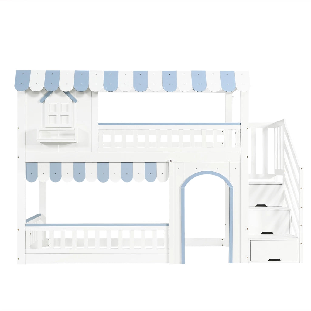 Letto a Castello Bambini con Scala Contenitore ¨C MINIMAL ¨C Pino MDF, Bianco e Blu, 90x200