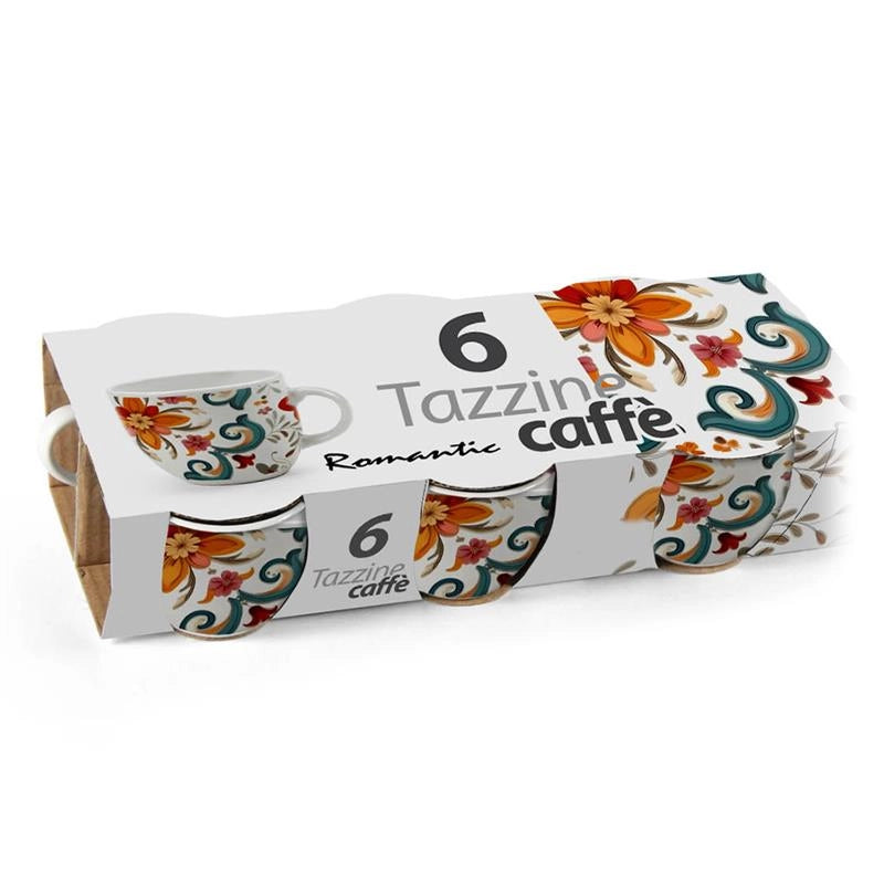 SET 6 TAZZINE DA CAFFE "ROMANTIC" IN CERAMICA, ELEGANTE CAPACITÀ 80ML