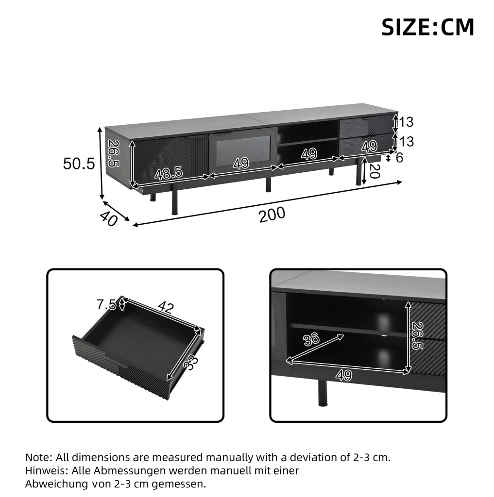 Mobile TV 200x40x50.5 cm con 2 porte e 2 cassetti; 3 livelli e 45 kg; truciolare e vetro temperato nero
