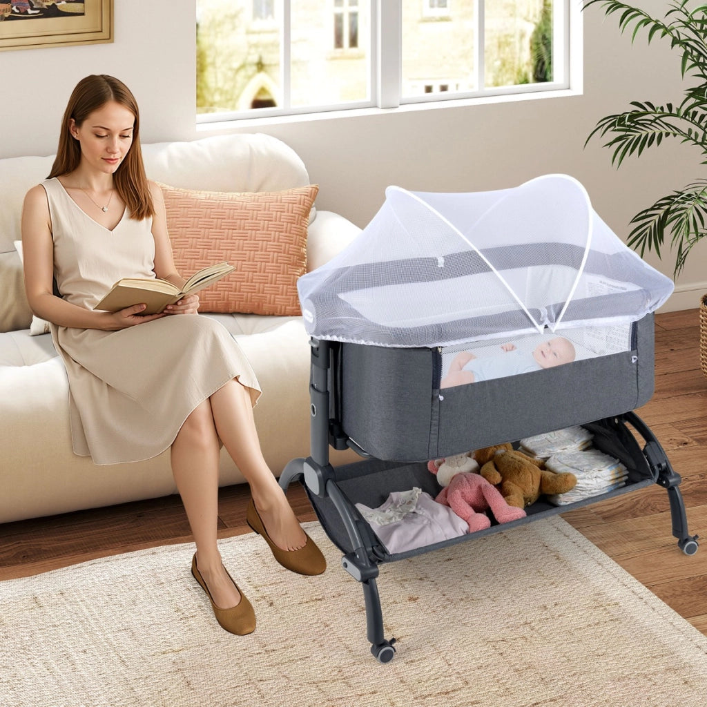 Lettino affiancato con regolazione in altezza a 7 livelli per neonati, Culla co-sleeper per bambini cesto portaoggetti Grigio-Culle