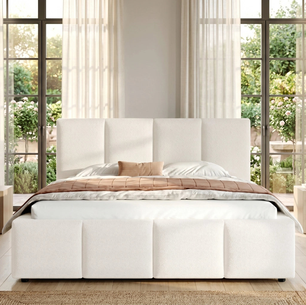 Letto matrimoniale imbottito 160x200 cm con rete a doghe e testiera in bouclé beige