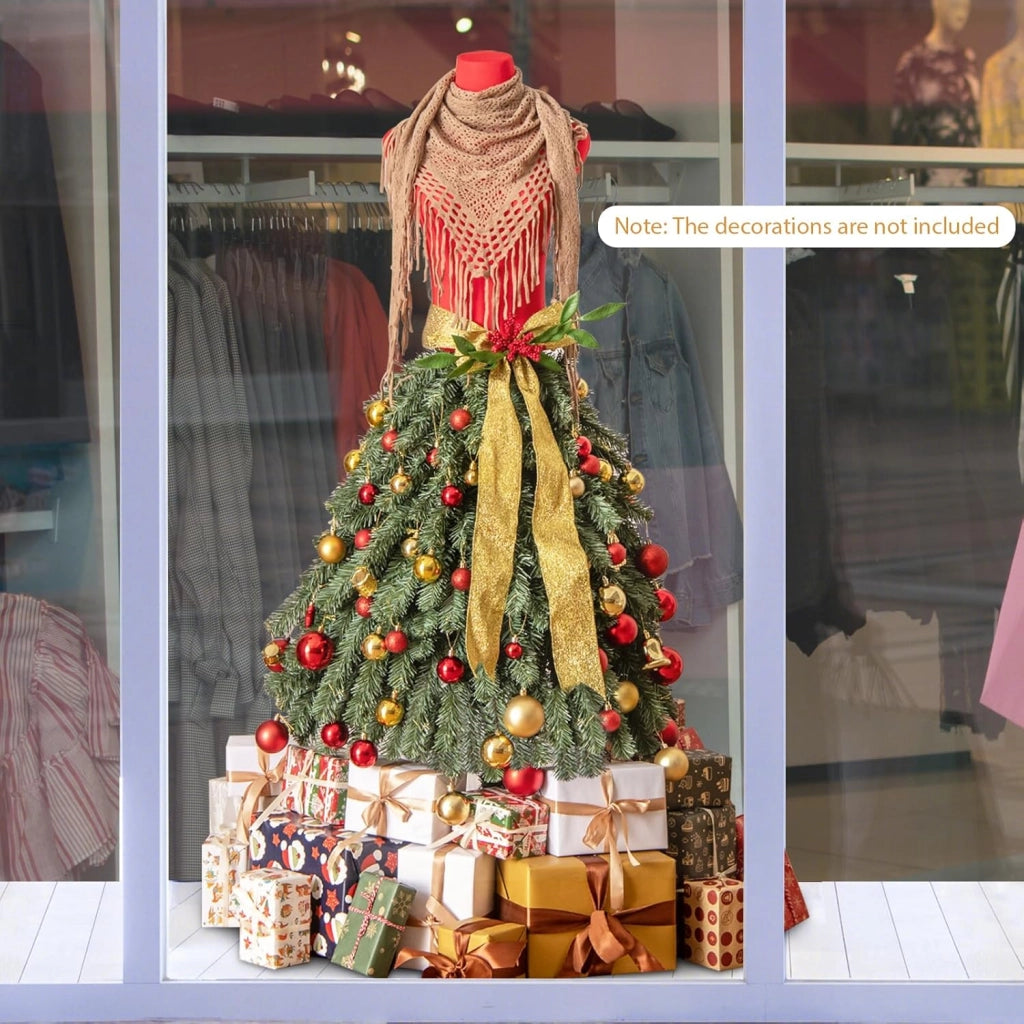Albero di Natale Artificiale 150 cm con Manichino Pre-Illuminato, Albero di Natale a Forma di Abito con 248 Punte di Rami, 100 Luci a LED Bianche Calde, Sciarpa Rimovibile
