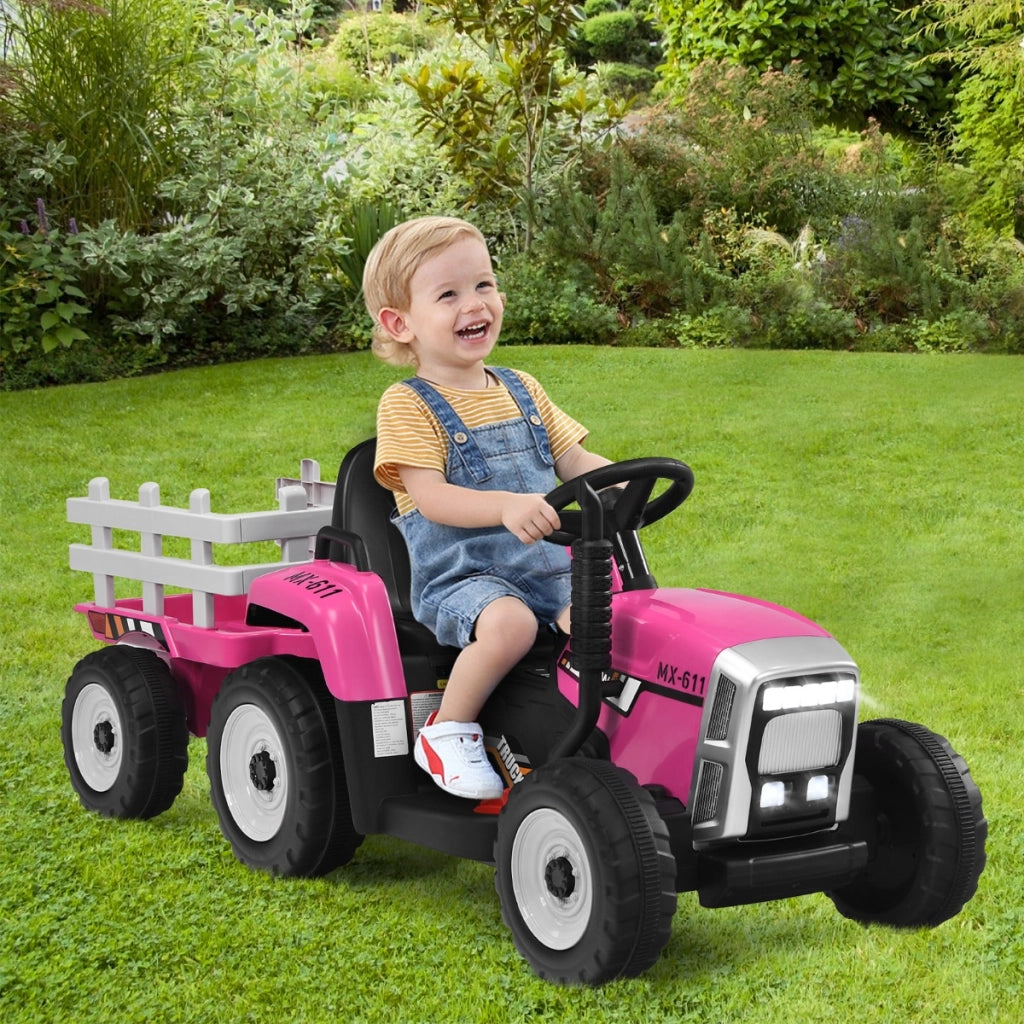 Trattore giocattolo elettrico con 3 marce luci led musica clacson, Trattore con rimorchio 12 v per bambini Rosa-Macchinine giocattoli