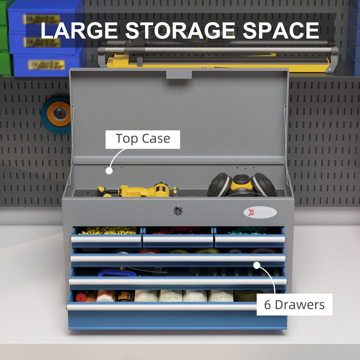 Cassetta Attrezzi con 6 Cassetti un Bauletto e 2 Chiavi 60x26x34 cm in Acciaio Blu
