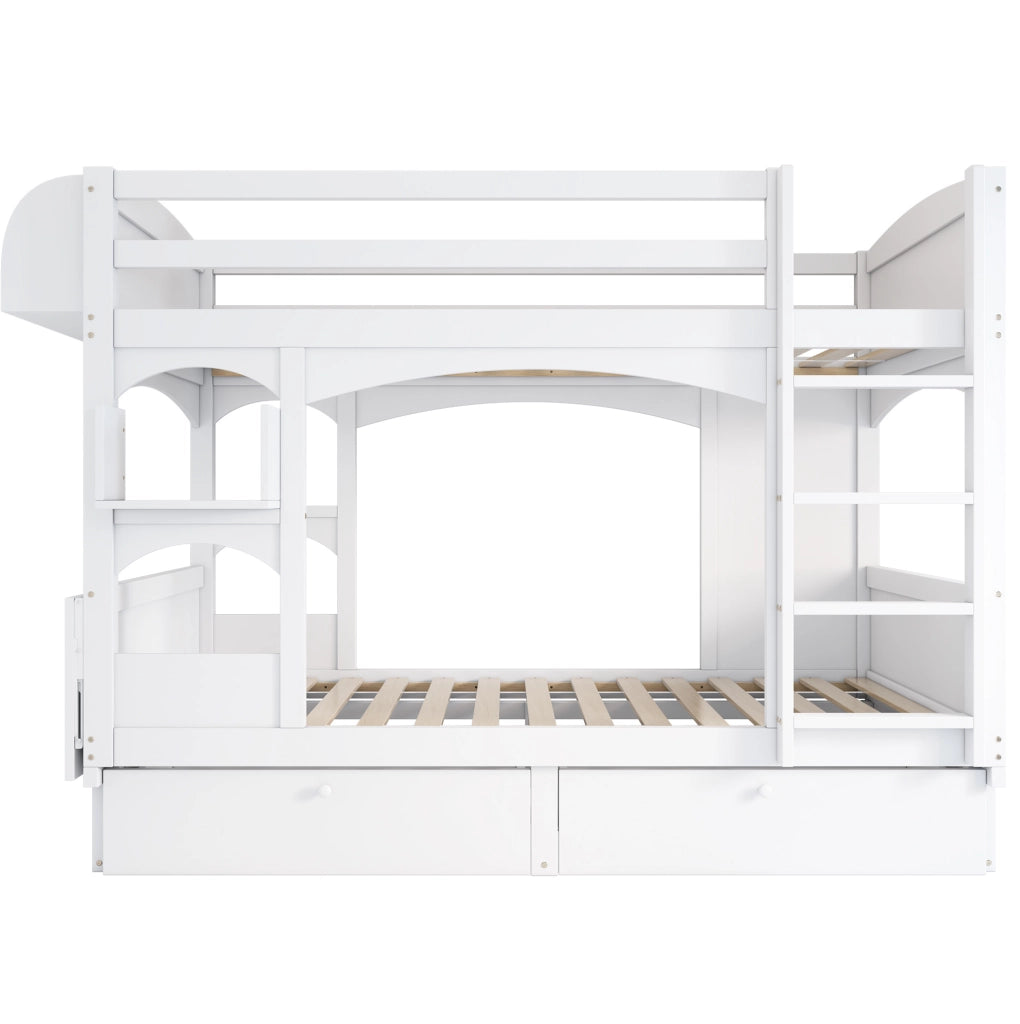 Letto a castello per bambini 90x200 cm in legno massello e MDF bianco con scrivania pieghevole e 2 cassetti