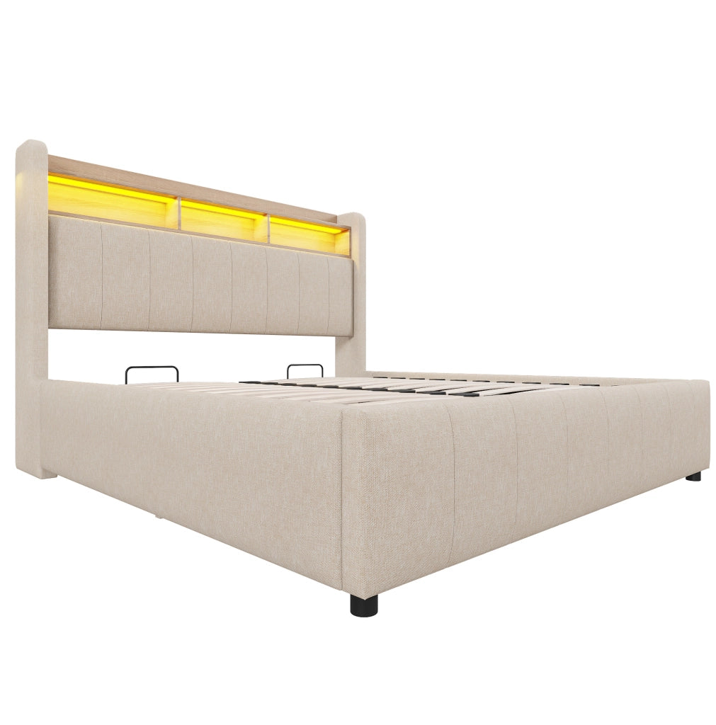 Letto matrimoniale imbottito 140x200 cm con LED; USB e contenitore idraulico; beige