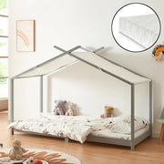 Letto Brome per Cameretta a Forma di Casetta e Materasso 90x200 cm Legno di Pino - Grigio [en.casa]