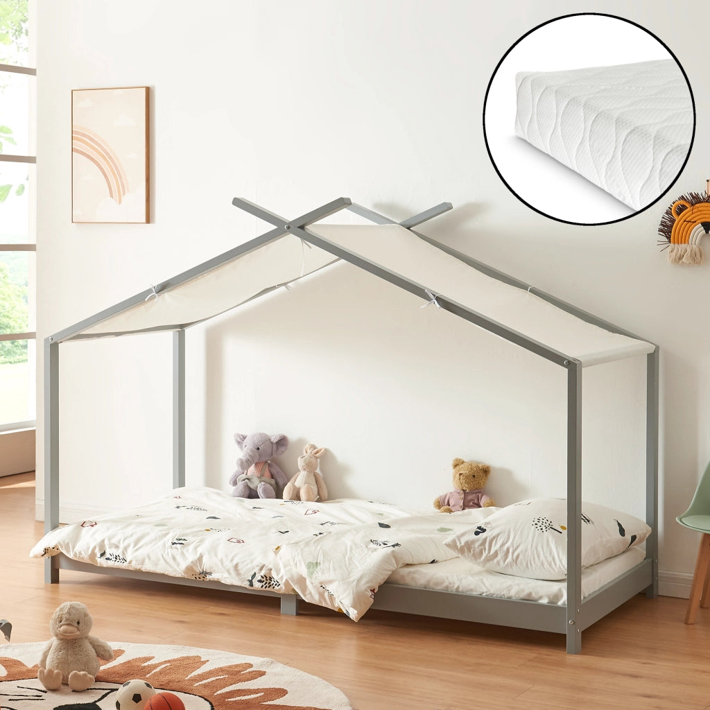 Letto Brome per Cameretta a Forma di Casetta e Materasso 90x200 cm Legno di Pino - Grigio [en.casa]