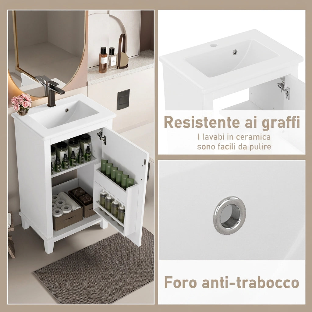 Mobile Bagno a Terra 51x34x83 cm con Lavabo in Ceramica Integrato e Ripiani Regolabili; MDF; Bianco