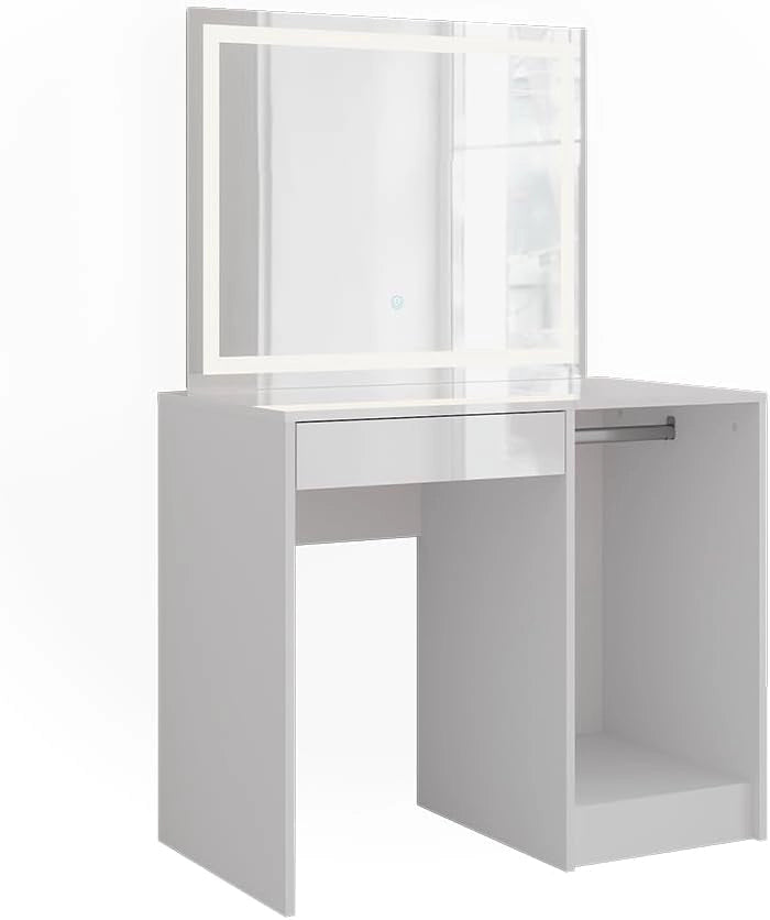 Tavolo da toeletta Sherry, Bianco/bianco lucido, 89.8 cm con specchio LED, con piano d'appoggio e ripiani laterali