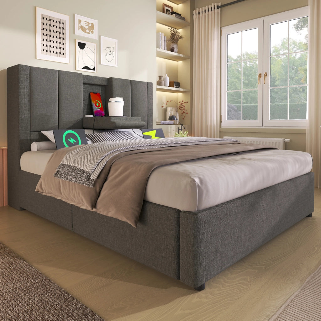 Letto singolo imbottito 90x200 cm con contenitore; portabicchiere e stazione di ricarica; grigio
