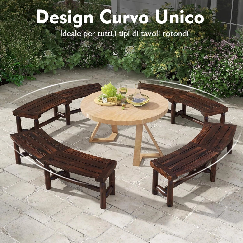Panchina da Esterno in Legno Carbonizzato, Panca Curva con Sedile Ampio e a Doghe, Panchina da Balcone, Giardino e Cortile, Carico Massimo 325 kg