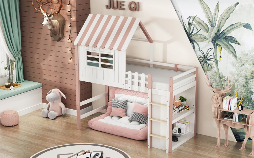 Letto a casetta 90x200 cm con scala di sicurezza e spazio contenitore in legno rosa