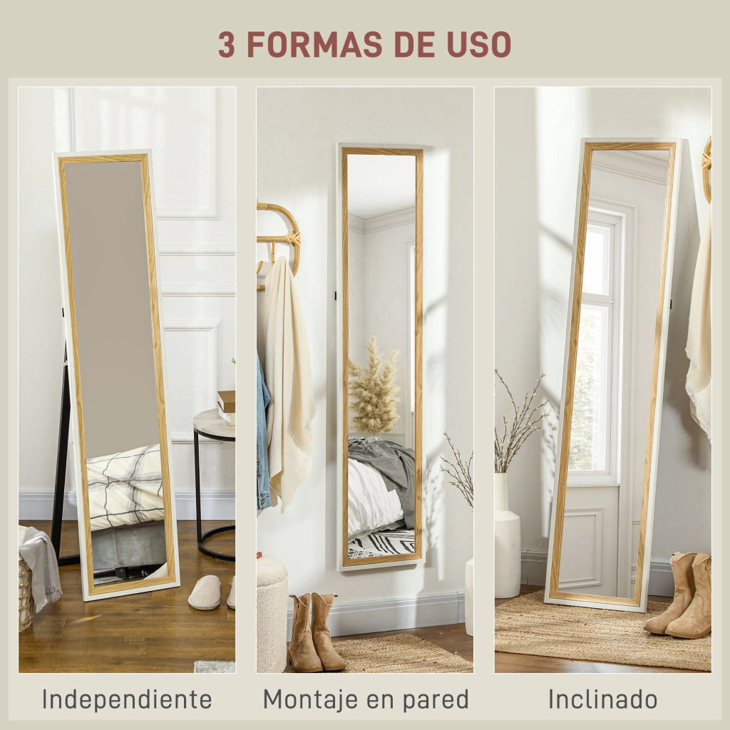 Specchio a Pieno Corpo 157x37 cm con Cornice MDF ¨C Zephmum ¨C Bianco e Marrone Scuro