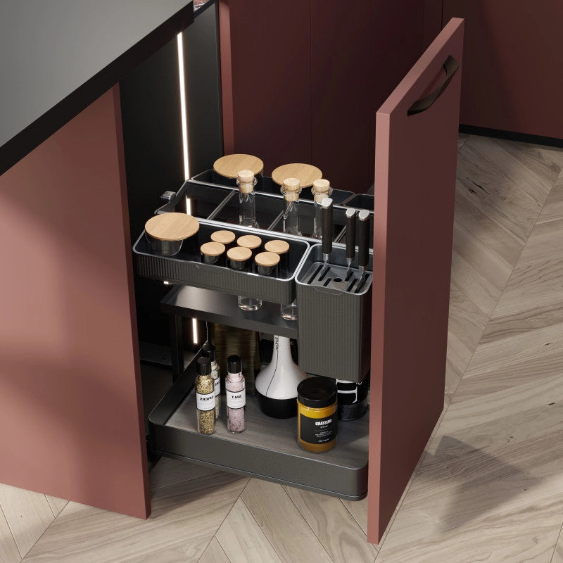 Portabottiglie laterale estraibile Harmony con chiusura soft, Modulo larghezza 200mm altezza 800mm, Acciaio e Legno, G..