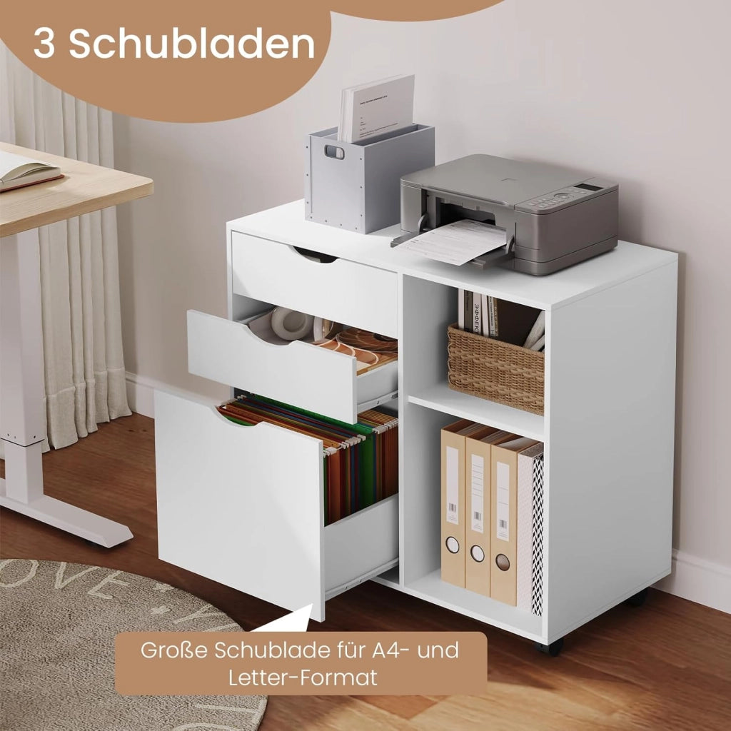 Schedario Mobilet con 3 Cassetti e 2 Ripiani Aperti, Cassettiera con 5 Ruote e Binario per Appendere, Armadio Ufficio per Cartelle e Documenti a4, 80x39,5x69,5 cm, Bianco