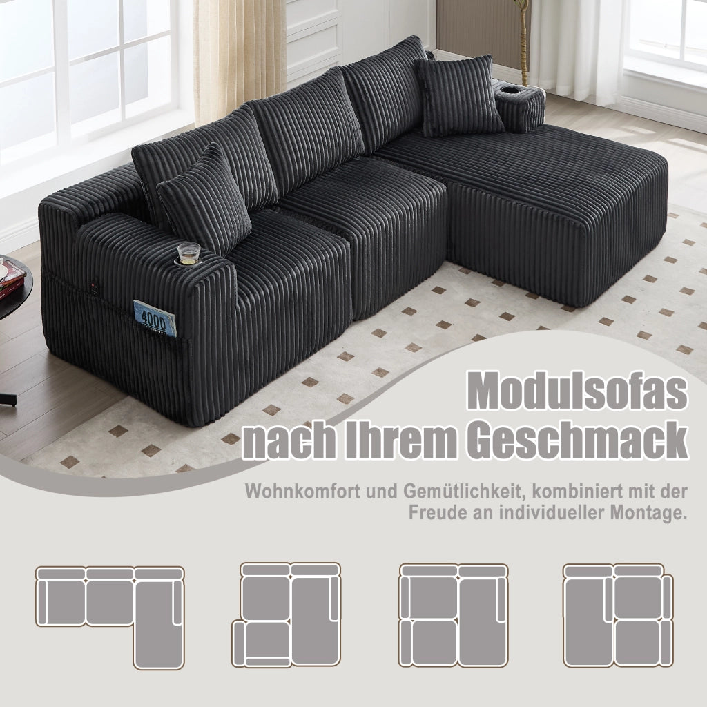 DIVANO Modulare con Chaise Longue e 2 Posti 257x90-160x62 cm Grigio