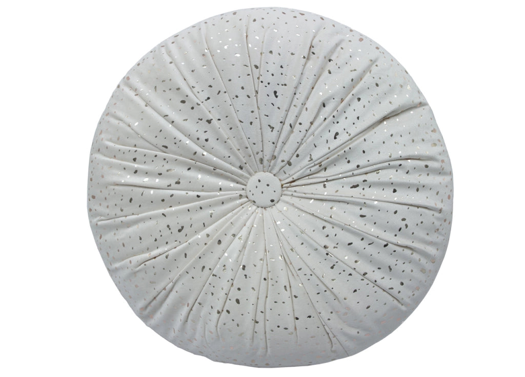 Cuscino Arredo Imbottito Effetto Velluto Rotondo A Pieghe Plissettato Con Lurex - 38x38 - Crema