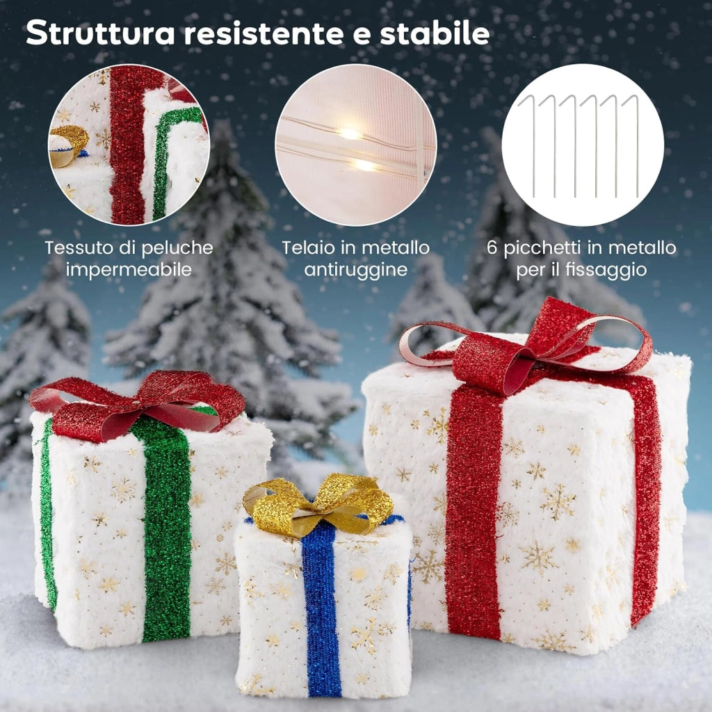 Set di 3 Scatole Regalo Illuminate per Natale, Decorazione Natalizia Pre-illuminata con 48 Luci Calde e Luminose, per Casa e Giardino (Bianco)