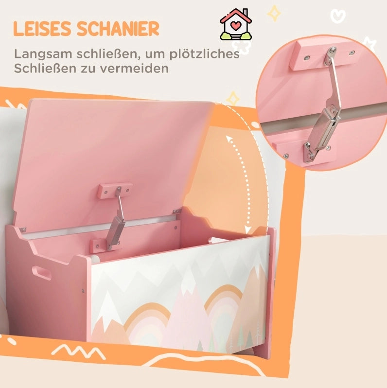 Cassapanca portagiochi rosa in legno con coperchio di sicurezza