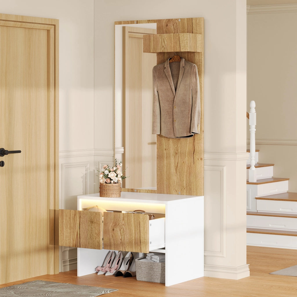 Mobile ingresso con specchio; 2 cassetti e ganci - per ingresso - 60x38x145 cm - bianco e naturale