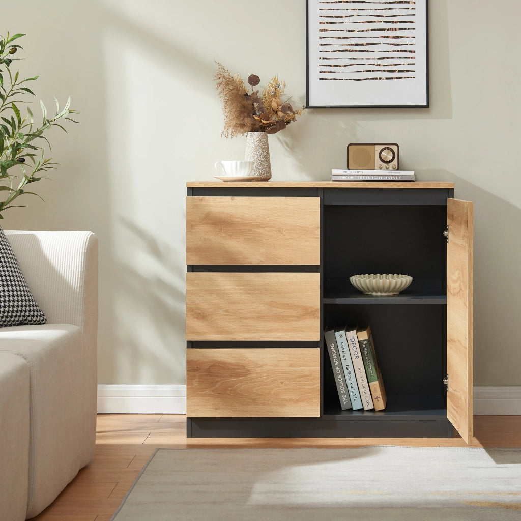 Credenza Mobile Contenitore Kyr Comò con Anta e 3 Cassetti 80 x 40 x 75 cm - Nero/Effetto Rovere Rustico [en.casa]
