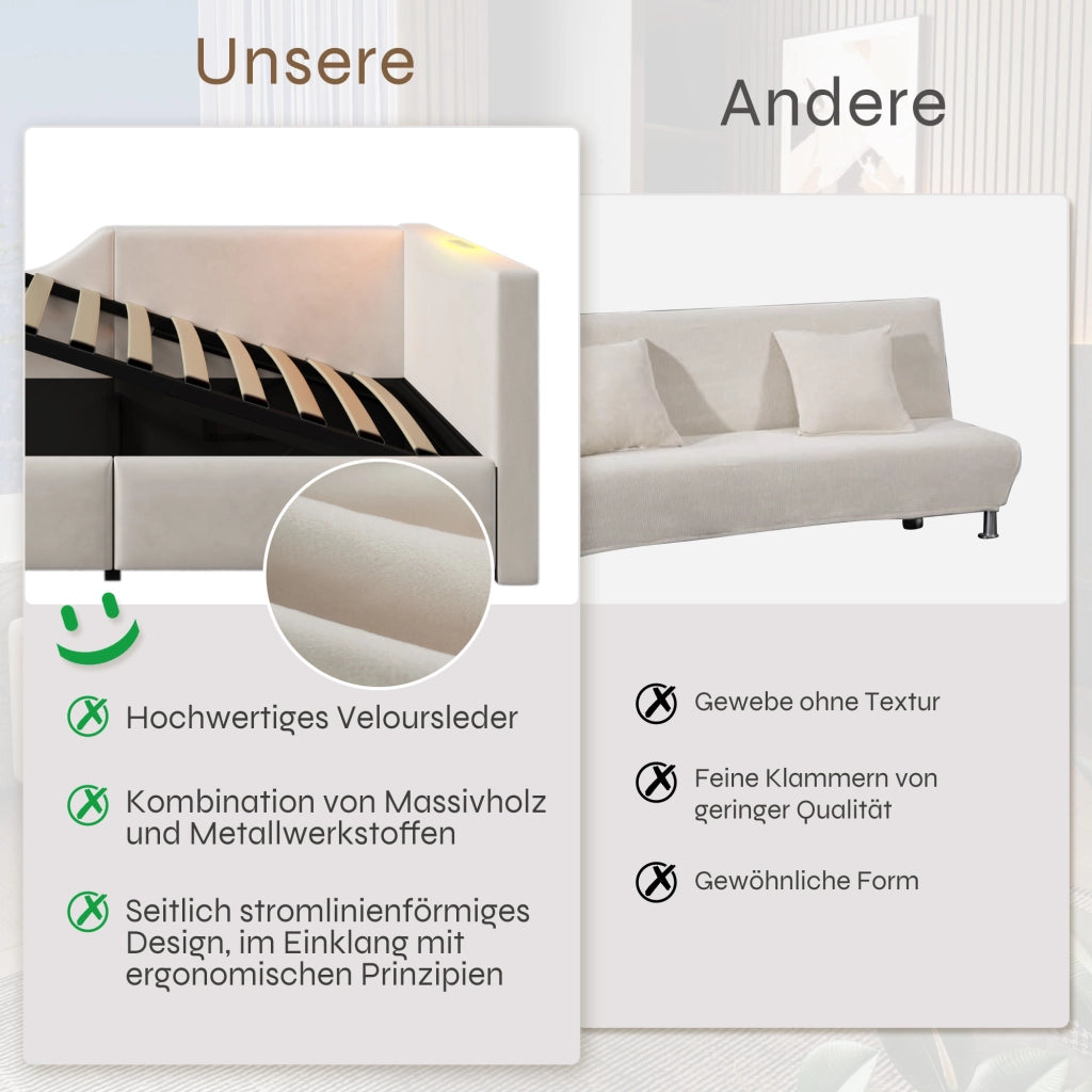 LETTO DA GIORNO Contenitore 90x190 cm in Velluto Beige con lampada da lettura e USB-C