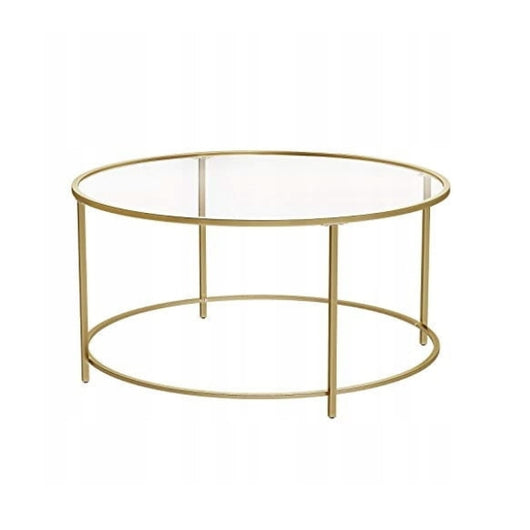 Tavolino da caffè rotondo Valora con struttura in acciaio dorato e piano in vetro