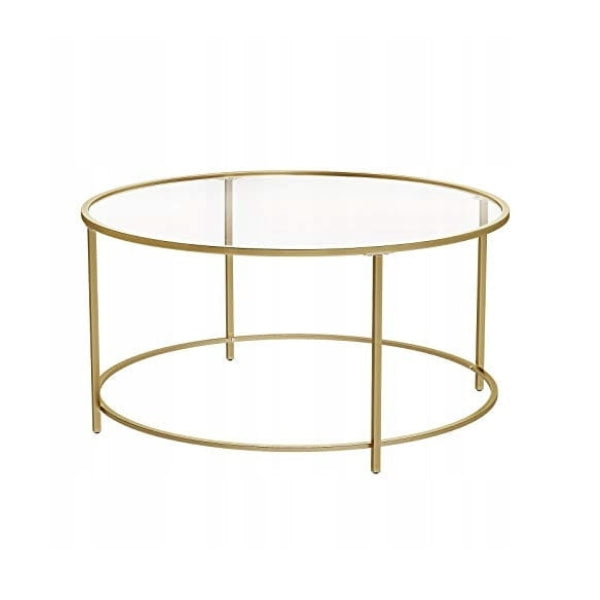 Tavolino da caffè rotondo Valora con struttura in acciaio dorato e piano in vetro