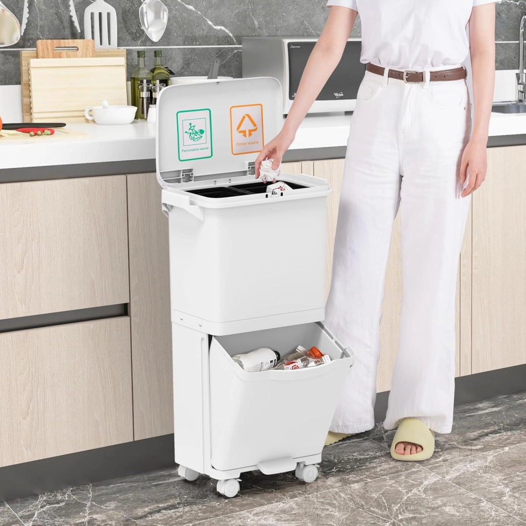 Bidone della Spazzatura da Cucina 36L, Doppio Strato con 3 Secchi Rimovibili, Etichette per Classificazione, Contenitore con Ruote per Raccolta Differenziata(36 L)