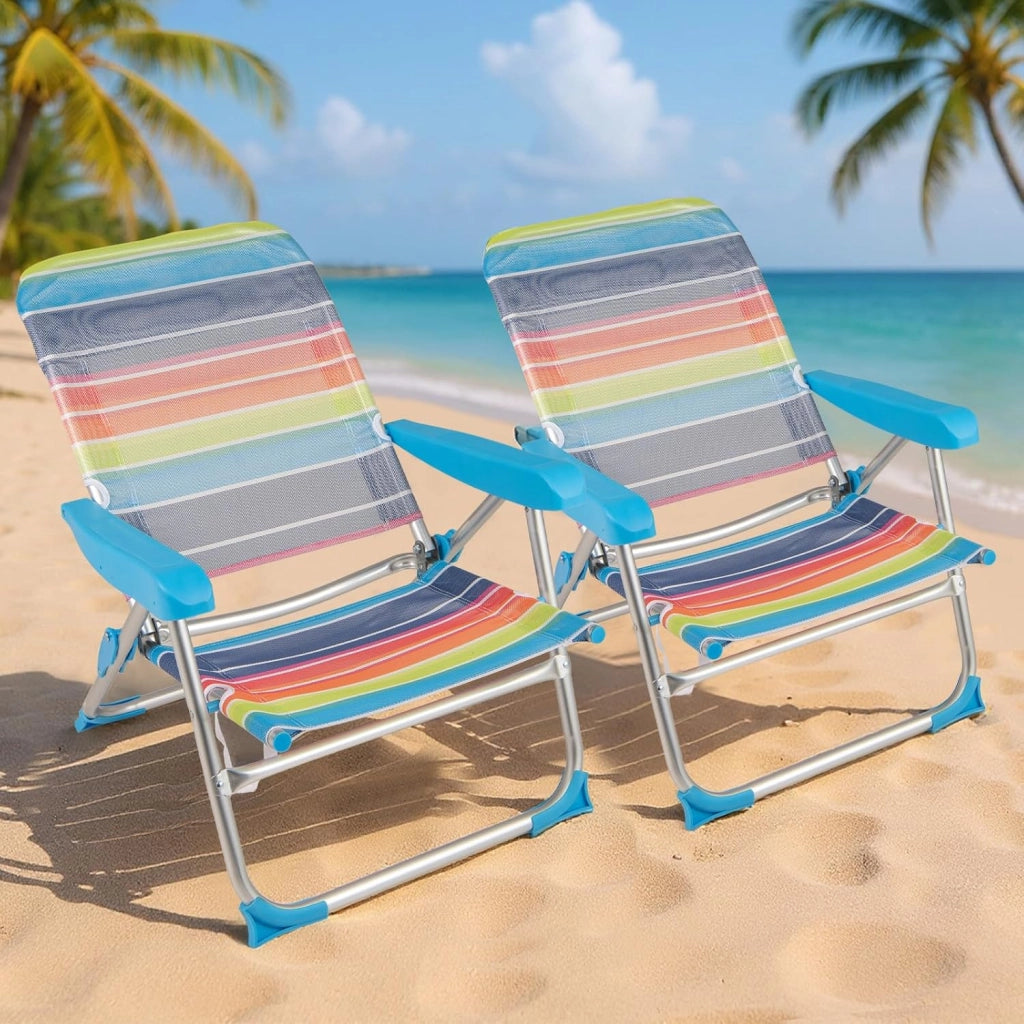 Set di 2 Sedie da Spiaggia, Sedia da Picnic Pieghevole con Braccioli, Schienale Regolabile a 4 Posizioni, Poltrona da in Alluminio Portatile per Pesca, Campeggio (64 cm x 64 cm x 83 cm)