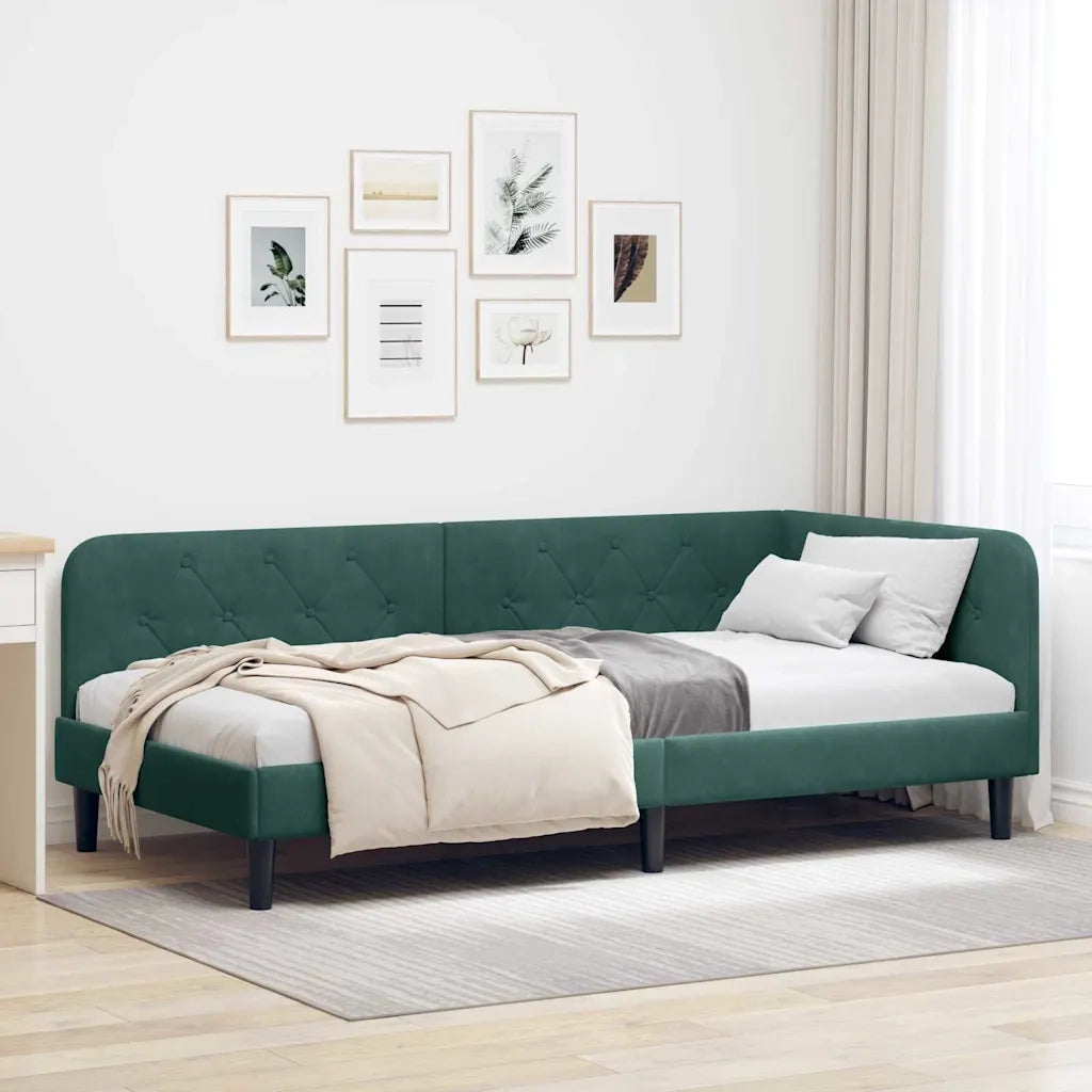 Cornice del letto ad angolo Verde Scuro 90 x 190 cm Velluto