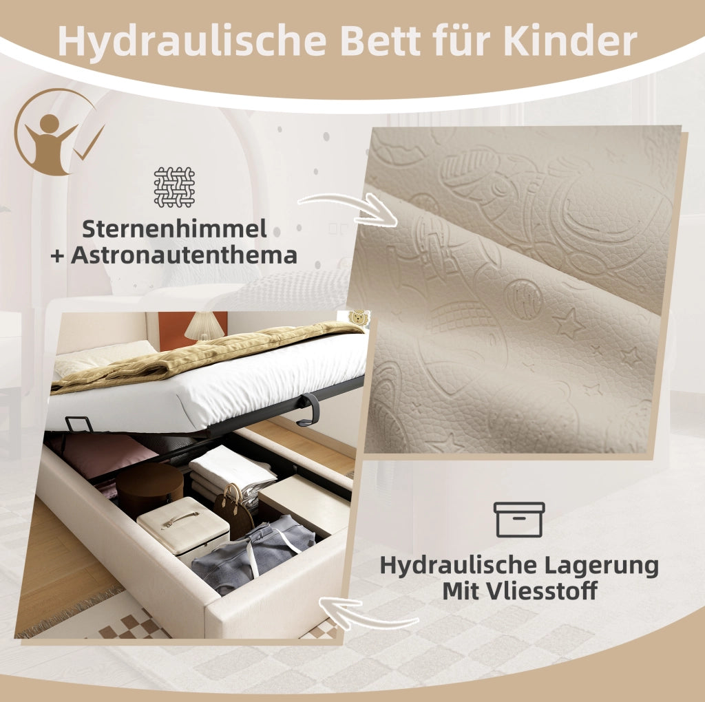 Letto singolo imbottito per bambini 90x200 cm beige con vano contenitore